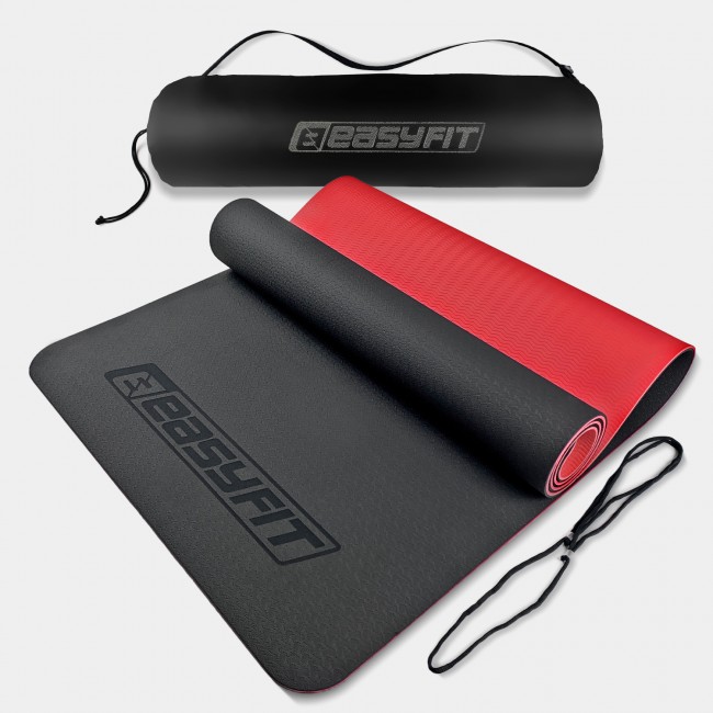 Коврик для йоги и фитнеса EasyFit TPE+TC 6 мм двухслойный + Чехол черный с красным Коврик для йоги и фитнеса EasyFit TPE+TC 6 мм двухслойный + Чехол черный с красным