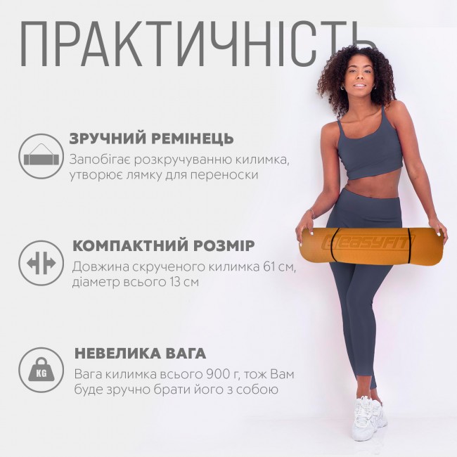 Килимок для йоги та фітнесу EasyFit TPE+TC 6мм двошаровий помаранчевий-чорний