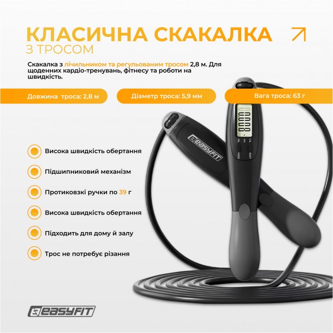 Скакалка с счетчиком EasyFit TwinRope скоростная 2,8 м черный-серый
