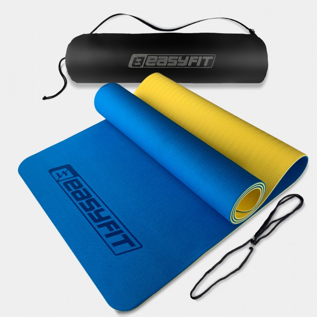 Коврик для йоги и фитнеса EasyFit TPE+TC 6 мм двухслойный + Чехол синий-желтый Коврик для йоги и фитнеса EasyFit TPE+TC 6 мм двухслойный + Чехол синий-желтый