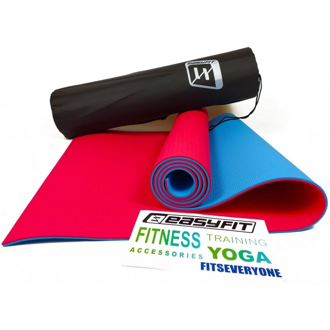 Коврик для йоги и фитнеса EasyFit TPE+TC 6 мм двухслойный + Чехол красный с голубым Коврик для йоги и фитнеса EasyFit TPE+TC 6 мм двухслойный + Чехол красный с голубым