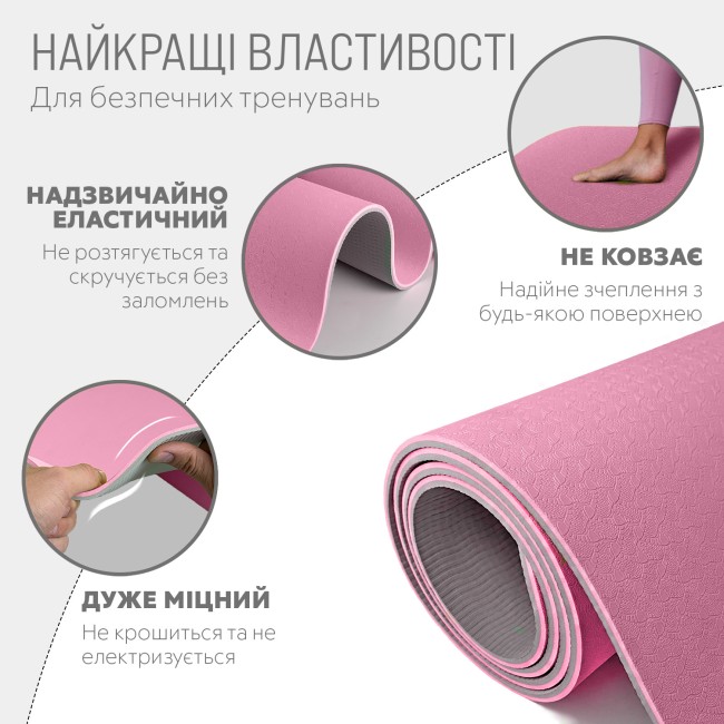 Коврик для йоги и фитнеса EasyFit TPE+TC 6 мм двухслойный розово-серый