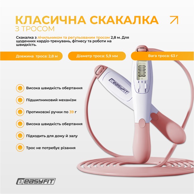 Скакалка без шнура EasyFit TwinRope со счетчиком 2,8м белый-розовый