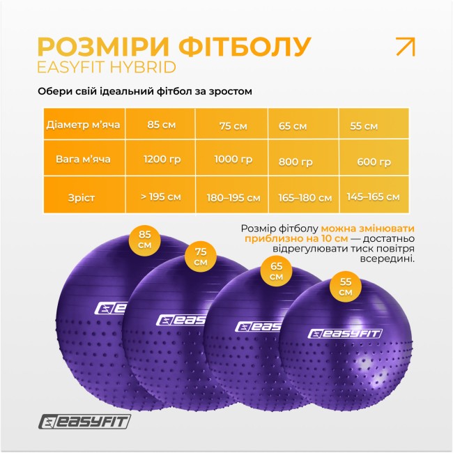 Фитбол 85 см EasyFit Hybrid фиолетовый (фитбол полумассажный)