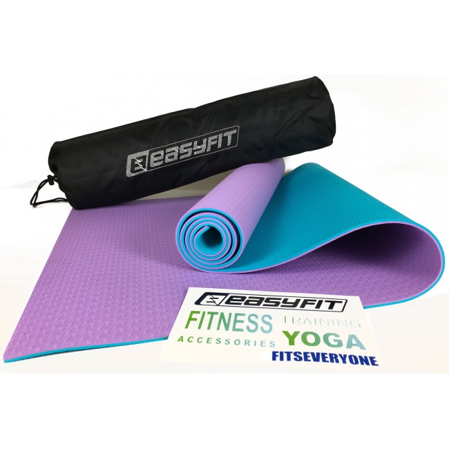 Коврик для йоги и фитнеса EasyFit TPE+TC 6 мм двухслойный + Чехол фиолетовый с мятным Коврик для йоги и фитнеса EasyFit TPE+TC 6 мм двухслойный + Чехол фиолетовый с мятным