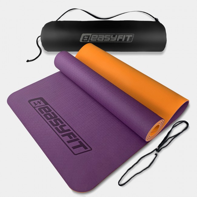 Килимок для йоги та фітнеса EasyFit TPE+TC 6мм двошаровий + Чохол фіолетовий з помаранчевим Килимок для йоги та фітнеса EasyFit TPE+TC 6мм двошаровий + Чохол фіолетовий з помаранчевим