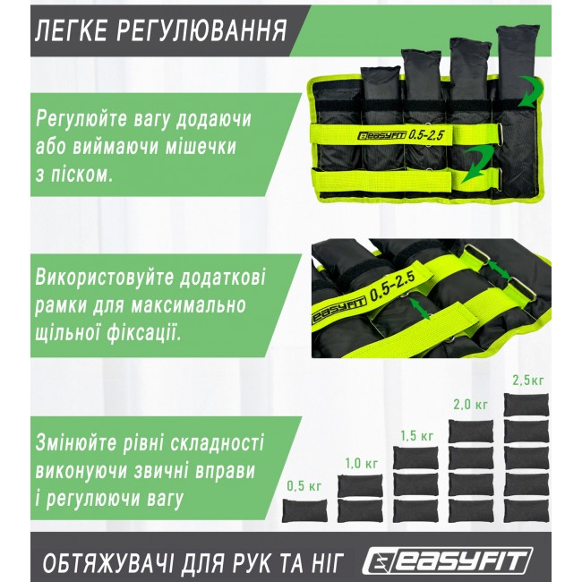 Утяжелители для ног и рук EasyFit наборные черно-зеленые 0,5-2,5 кг (пара) Утяжелители для ног и рук EasyFit наборные черно-зеленые 0,5-2,5 кг (пара)