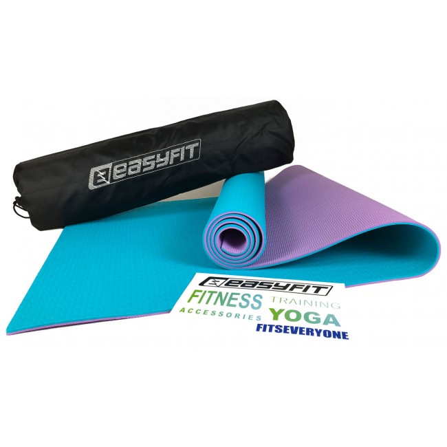 Коврик для йоги и фитнеса EasyFit TPE+TC 6 мм двухслойный + Чехол мятный с фиолетовым Коврик для йоги и фитнеса EasyFit TPE+TC 6 мм двухслойный + Чехол мятный с фиолетовым