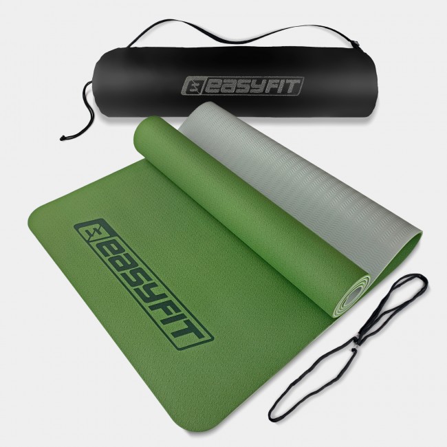 Килимок для йоги та фітнеса EasyFit TPE+TC 6мм двошаровий + Чохол зелений з сірим Килимок для йоги та фітнеса EasyFit TPE+TC 6мм двошаровий + Чохол зелений з сірим