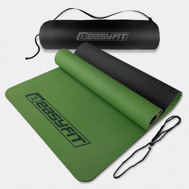 Килимок для йоги та фітнеса EasyFit TPE+TC 6мм двошаровий + Чохол зелений з чорним Килимок для йоги та фітнеса EasyFit TPE+TC 6мм двошаровий + Чохол зелений з чорним