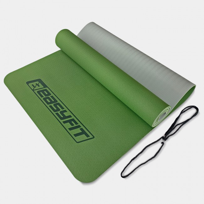Коврик для йоги и фитнеса EasyFit TPE+TC 6 мм двухслойный зеленый-серый Коврик для йоги и фитнеса EasyFit TPE+TC 6 мм двухслойный зеленый-серый