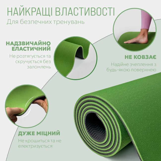 Килимок для йоги та фітнеса EasyFit TPE+TC 6мм двошаровий + Чохол зелений з чорним