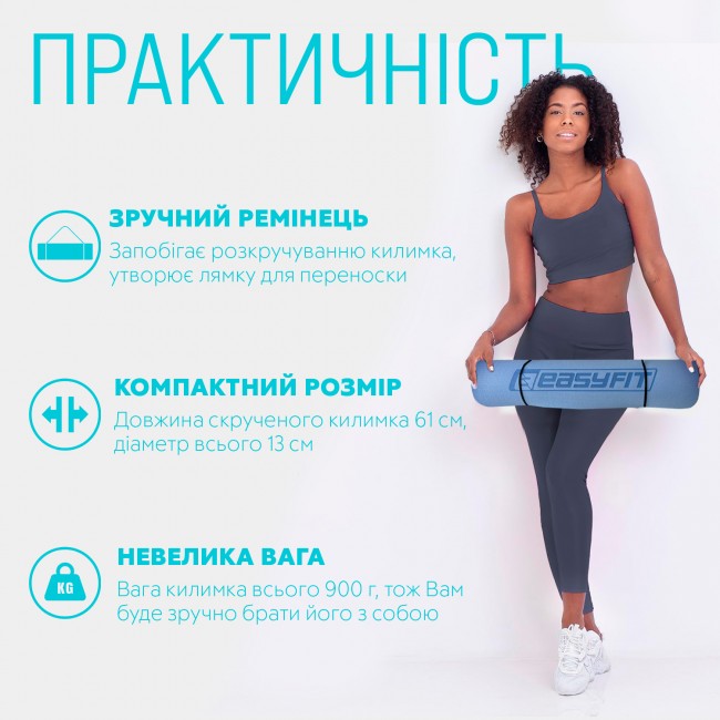 Килимок для йоги та фітнесу EasyFit TPE+TC 6 мм двошаровий блакитний-синій