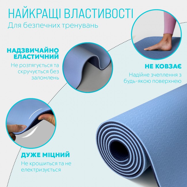 Килимок для йоги та фітнесу EasyFit TPE+TC 6 мм двошаровий блакитний-синій