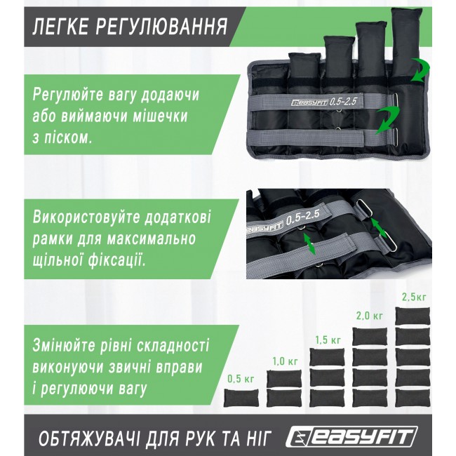 Утяжелители для ног и рук EasyFit наборные 0,5-2,5 кг (пара) Утяжелители для ног и рук EasyFit наборные 0,5-2,5 кг (пара)