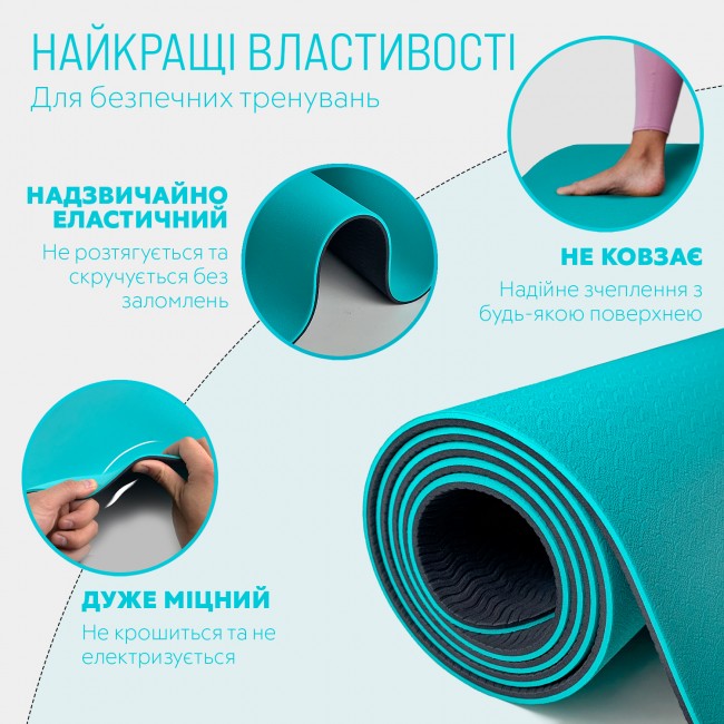 Коврик для йоги и фитнеса EasyFit TPE+TC 6 мм двухслойный мятный-черный