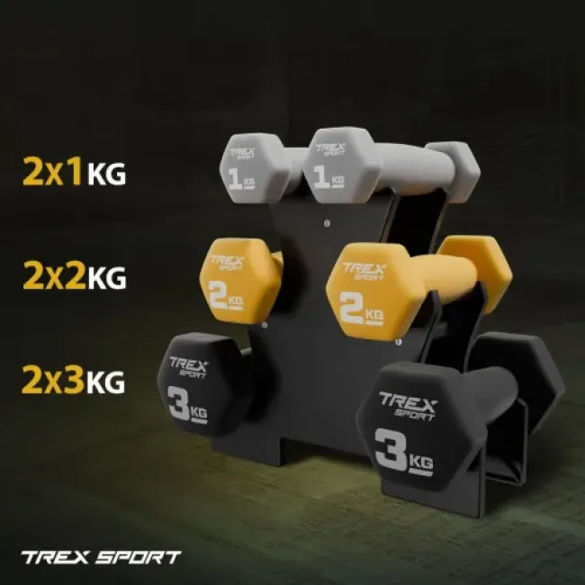 Набор гантелей для фитнеса 12кг (2 х 1 кг; 2 кг; 3 кг)  неопреновые TREX Sport TX-V120VS с подставкой