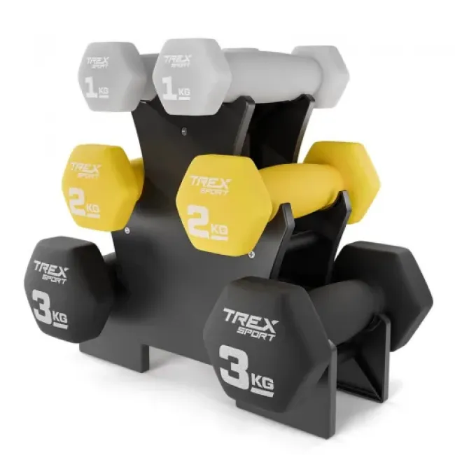 Набор гантелей для фитнеса 12кг (2 х 1 кг; 2 кг; 3 кг)  неопреновые TREX Sport TX-V120VS с подставкой