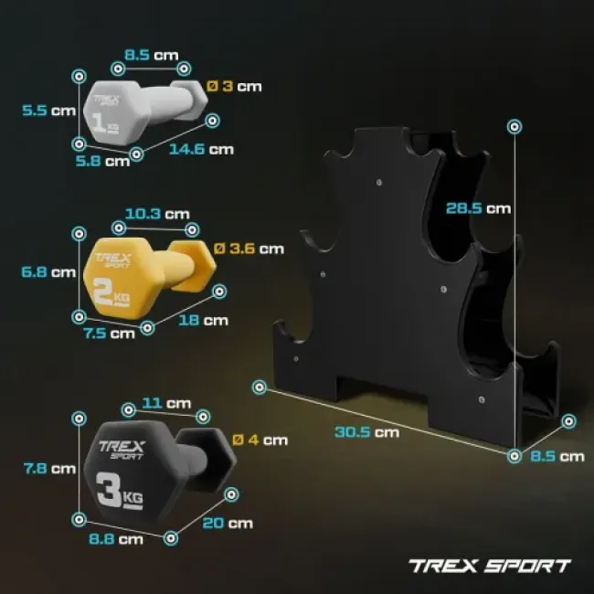 Набор гантелей для фитнеса 12кг (2 х 1 кг; 2 кг; 3 кг)  неопреновые TREX Sport TX-V120VS с подставкой