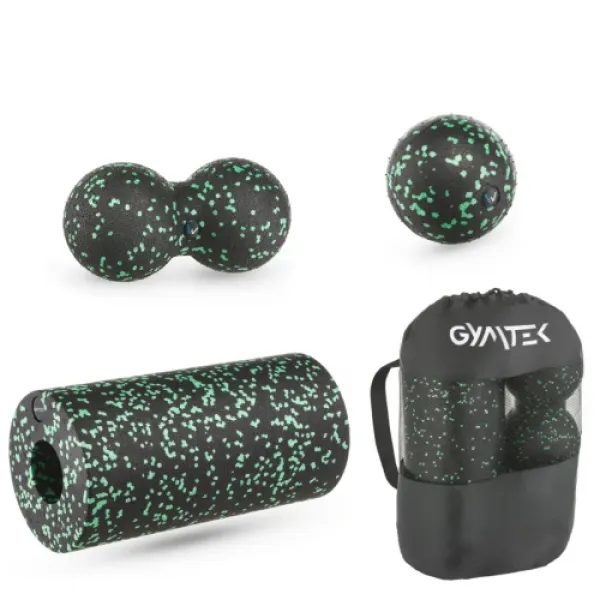Массажный набор Gymtek (мячик 8 см, двойной мячик 8 х 16 см и валик 29,5 х 15 см) ЕРР черно-зеленый
