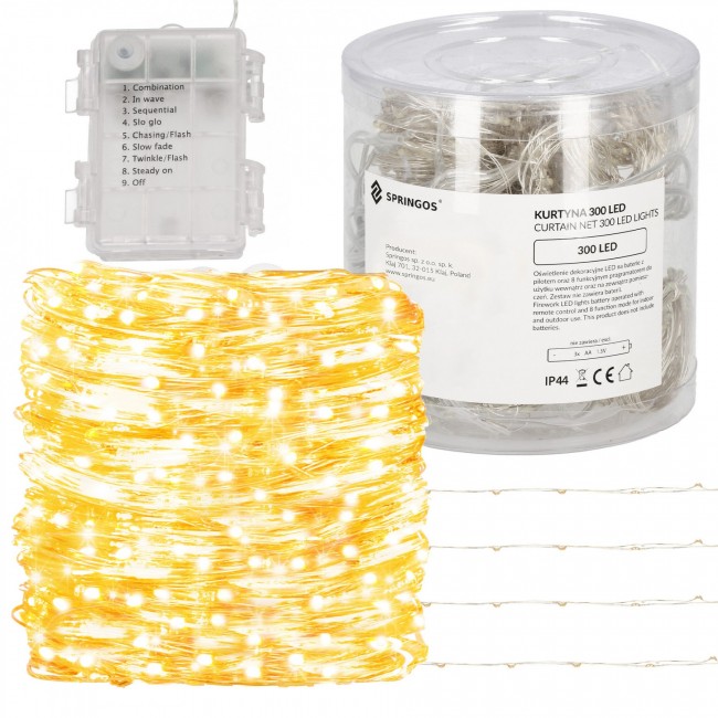 Гирлянда водопад (штора) на батарейках Springos 3 x 3 м 300 LED CL0183 Warm White