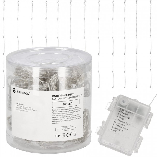Гирлянда водопад (штора) на батарейках Springos 3 x 3 м 300 LED CL0184 Cold White