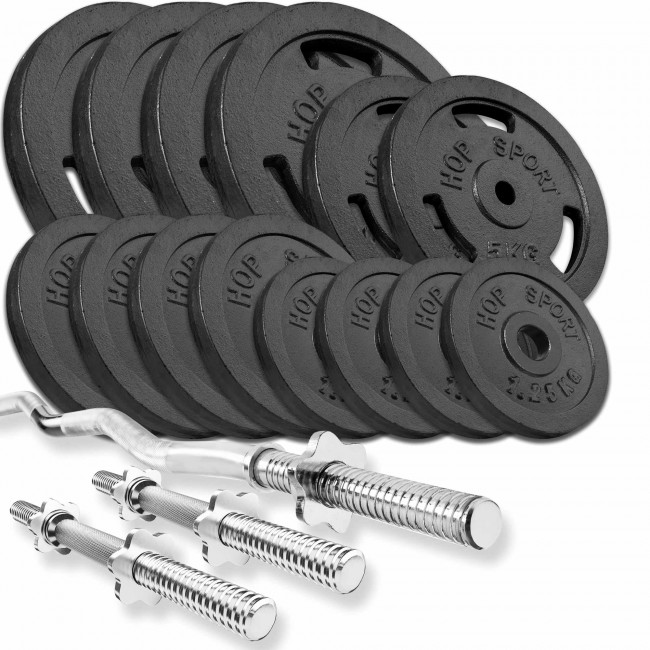 Набір Hop-Sport Strong 77 кг штанга з млинцями з W або Z подібним і гантельная грифами Набір Hop-Sport Strong 77 кг штанга з млинцями з W або Z подібним і гантельная грифами