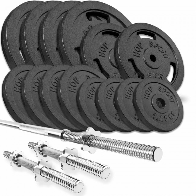 Набір Hop-Sport Strong 79 кг штанга з млинцями з прямим і гантельная грифами Набір Hop-Sport Strong 79 кг штанга з млинцями з прямим і гантельная грифами
