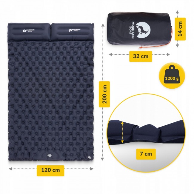 Коврик (каримат) надувной Mountain Goat 200 x 120 x 7 см двухместный со встроенным насосом Navy Blue (P-5905973400923)