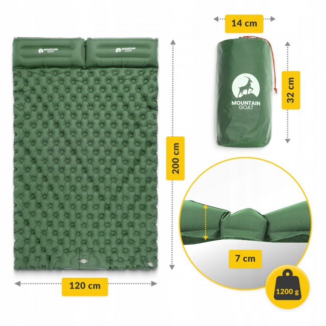 Коврик (каримат) надувной Mountain Goat 200 x 120 x 7 см двухместный со встроенным насосом Navy Green (P-5905973403573)
