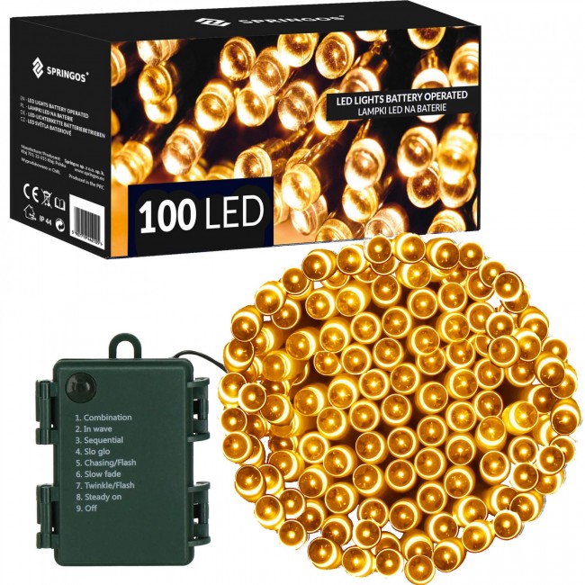 Гирлянда на батарейках Springos 10 м 100 LED CL4030 Warm White