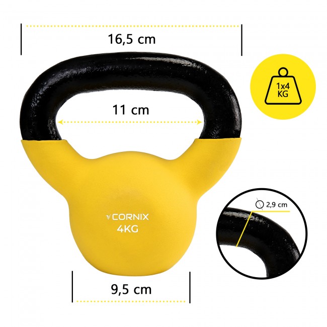 Гиря металева Cornix 4 кг із вініловим покриттям XR-0435 Yellow/Black