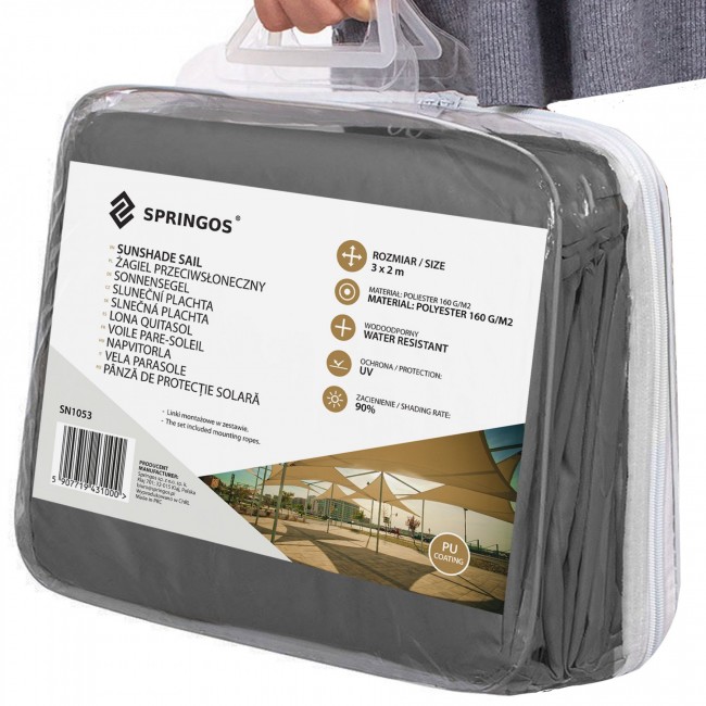 Тент-парус тіньовий для дому, саду та туризму Springos 3 x 2 м SN1053 Graphite