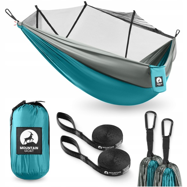 Туристичний гамак Mountain Goat 270 x 140 см з москітною сіткою, одномісний, підвісний Grey/Turquoise (P-5905973408011)