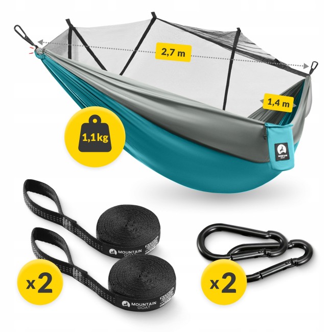 Туристичний гамак Mountain Goat 270 x 140 см з москітною сіткою, одномісний, підвісний Grey/Turquoise (P-5905973408011)
