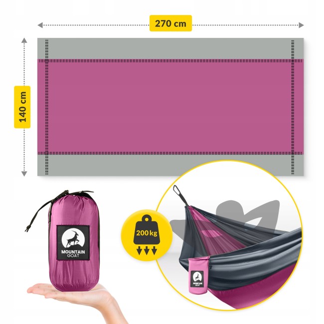 Туристичний гамак Mountain Goat 270 x 140 см з москітною сіткою, одномісний, підвісний Pink/Grey (P-5905973408035)