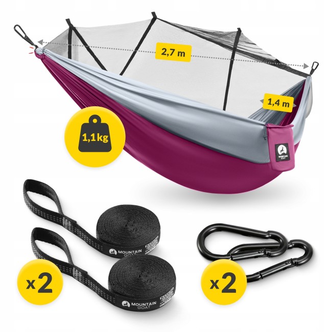 Туристичний гамак Mountain Goat 270 x 140 см з москітною сіткою, одномісний, підвісний Pink/Grey (P-5905973408035)
