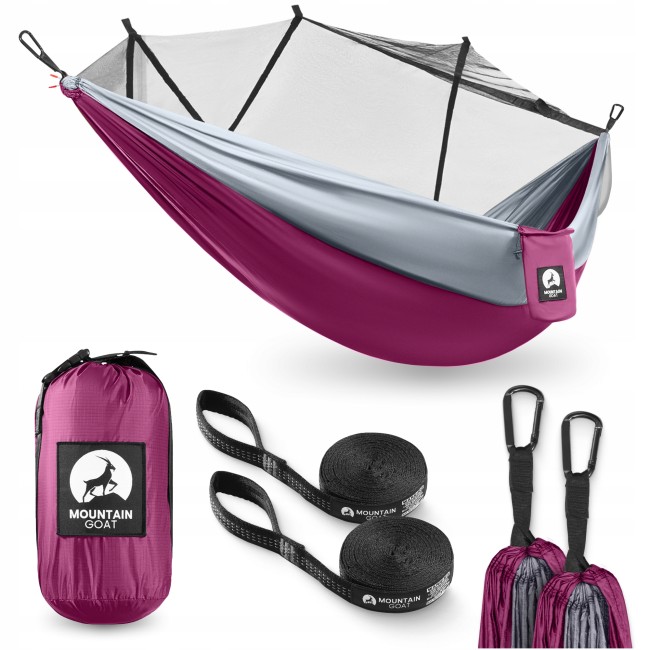 Туристичний гамак Mountain Goat 270 x 140 см з москітною сіткою, одномісний, підвісний Pink/Grey (P-5905973408035)