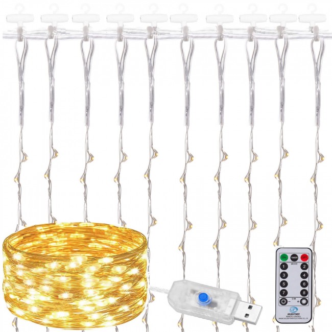 Гирлянда водопад (штора) Springos 2 x 2 м 200 LED Pilot USB CL4020 Warm White