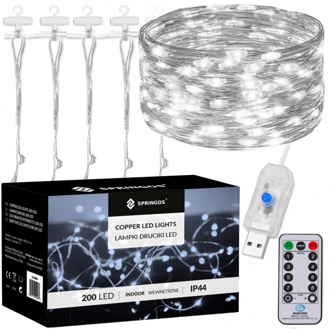 Гирлянда водопад (штора) Springos 2 x 2 м 200 LED Pilot USB CL4021 Cold White