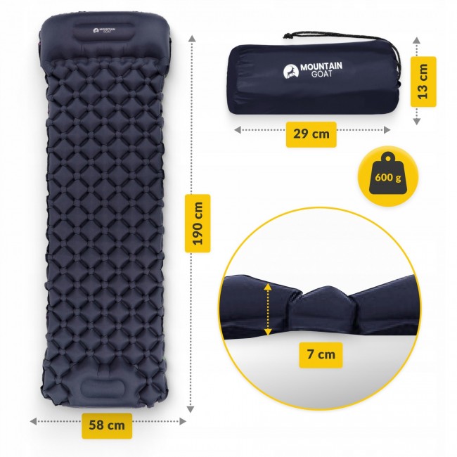 Коврик (каримат) надувной Mountain Goat 190 x 58 x 5 см со встроенным насосом Navy Blue (P-5905973400916)