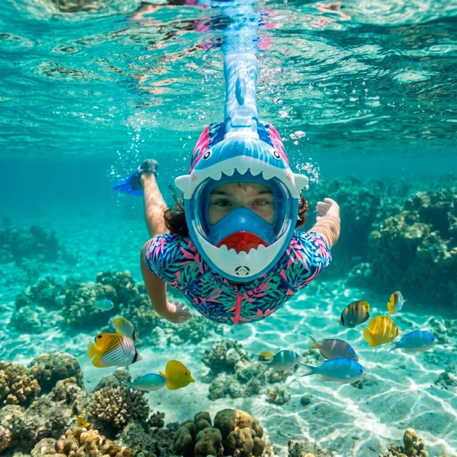Полнолицевая детская маска для сноркелинга Aquaget Shark AQ0009 Sky Blue